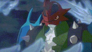 a cartoon character is standing in a cave surrounded by ice and a blue dragon .
