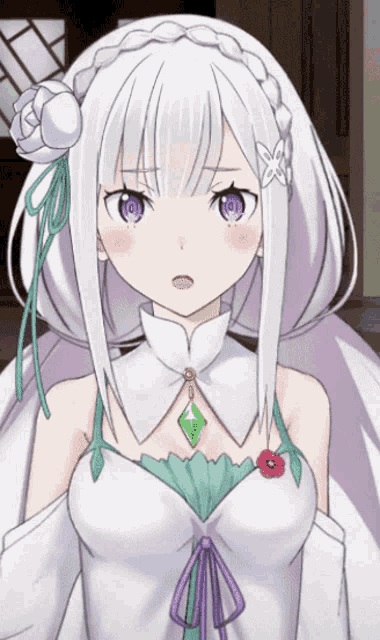 a white haired anime girl with purple eyes