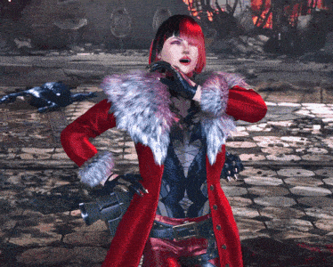 a woman in a red coat with a fur collar is holding a gun