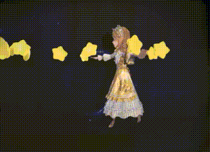 a cartoon girl in a yellow dress is holding a bunch of yellow flowers in her hands .