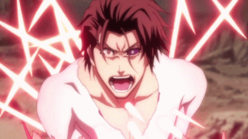 a man with red hair and purple eyes is standing in front of a red light .