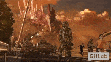 a group of soldiers are standing on the side of a road in front of a monster .