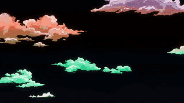 a bunch of different colored clouds in a dark sky