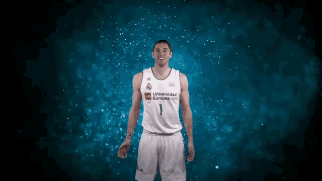 a basketball player with the number 1 on his jersey stands in front of a blue background