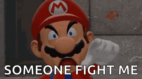a cartoon character says someone fight me while pointing at the camera
