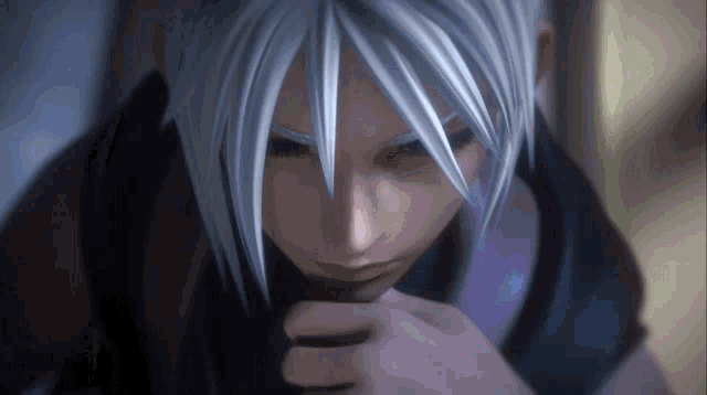 a close up of a cartoon character 's face with white hair