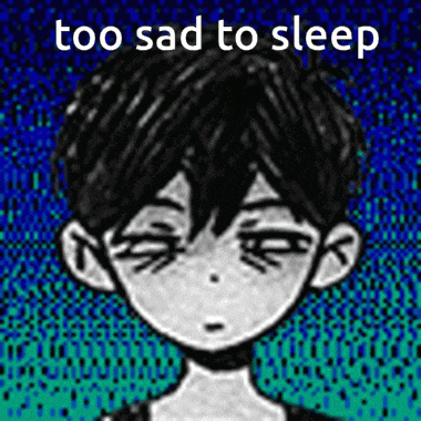 a black and white drawing of a boy with the words `` too sad to sleep '' .