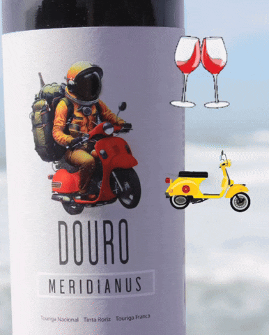 a bottle of douro meridianus wine with a man on a scooter on the label
