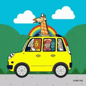 a cartoon of a car with a giraffe on the roof