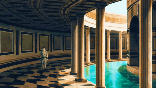 a man stands in a hallway with columns and a pool of water