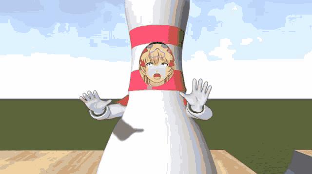 a girl is standing in a bowling pin with her hands outstretched