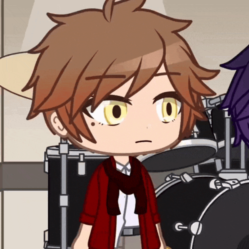 a cartoon of a boy with a scarf around his neck standing in front of a drum set
