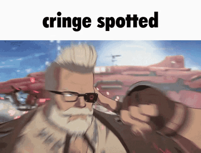 a man with glasses and a beard has the word cringe spotted on the bottom