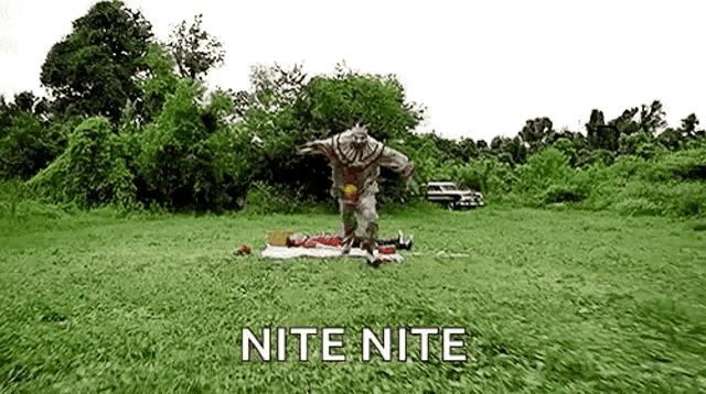 a clown is running through a grassy field with the words `` nite nite '' written on it .