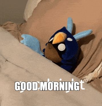 a stuffed animal laying on a bed with the words " good morning " written on the bottom