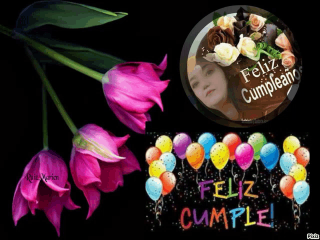 a picture of flowers and balloons that says feliz cumple on it