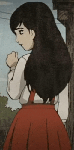 a cartoon girl with long black hair and a red skirt