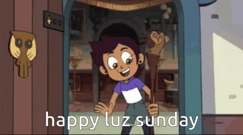 a cartoon character says happy luz sunday while holding a wand