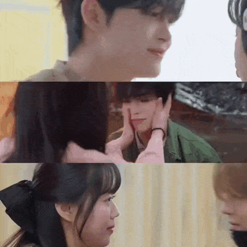 a woman is touching a man 's face in a collage of three photos .