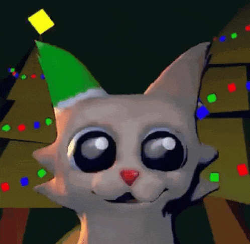a cat wearing a green party hat is smiling in front of a christmas tree .