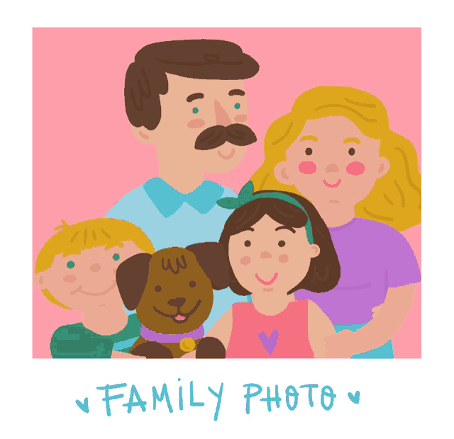 a picture of a family with a dog and the words family photo below them