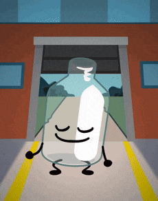 a cartoon drawing of a bottle with arms and legs standing in front of a building