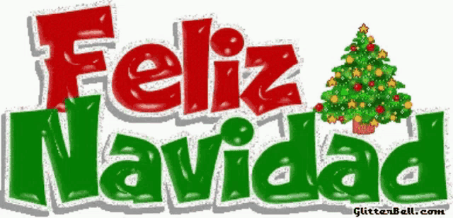 a green and red sign that says feliz navidad with a christmas tree in the background