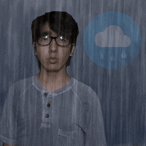 a man wearing glasses stands in the rain next to a cloud with rain drops