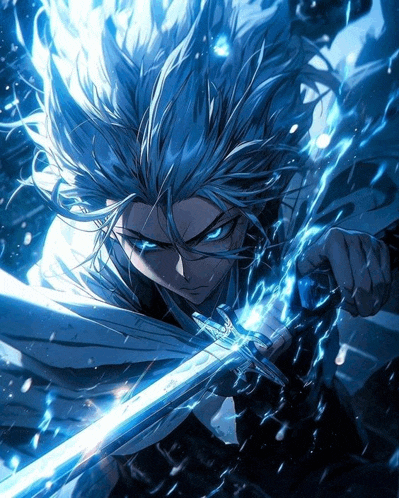 a blue haired anime character is holding a blue sword