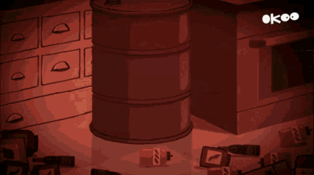 a cartoon drawing of a kitchen with a barrel and a stove with the word okeo on it