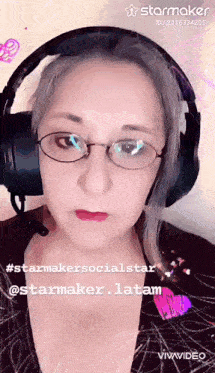a woman wearing glasses and headphones has a starmaker id in the corner
