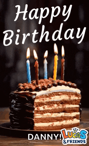a birthday cake with five lit candles and the words happy birthday danny