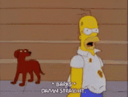 homer simpson standing next to a brown dog that barks