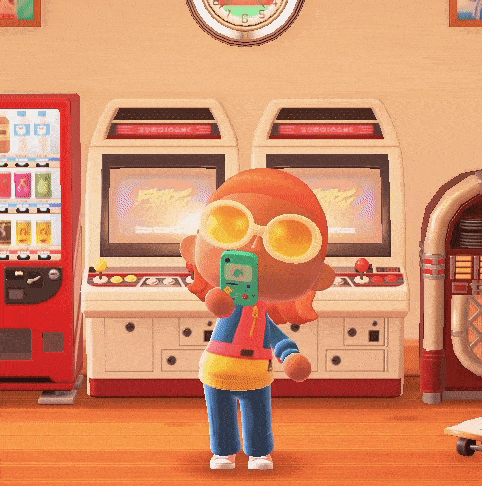 a video game character is standing in front of a jukebox that says super game