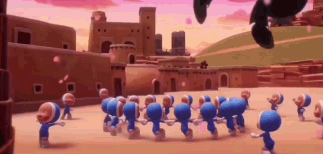a group of cartoon characters are dancing in a circle in front of a castle in a video game .