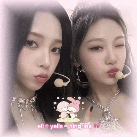 a picture of two girls with the words eli + yells = ningrina