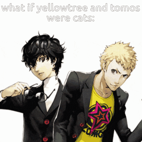 two anime characters standing next to each other with the caption what if yellowtree and tomos were cats