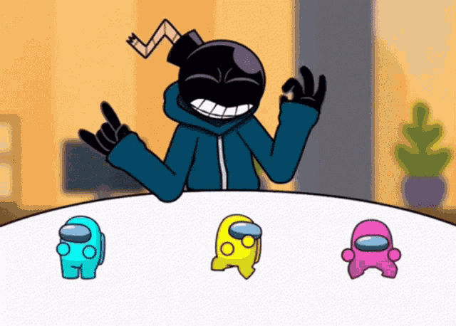 a cartoon character is sitting at a table with among us characters