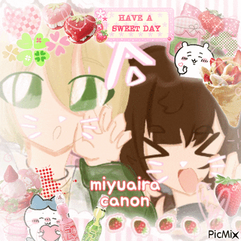 a picture of a girl and a boy with strawberries and the words have a sweet day