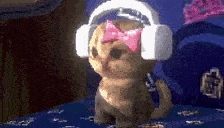 a dog wearing headphones and a pink bow tie is dancing .