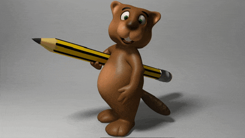 a cartoon bear is holding a large pencil in his hand
