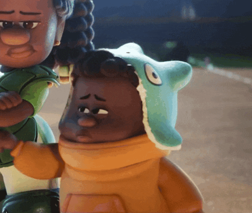 a cartoon character wearing a crocodile hat is standing next to another cartoon character