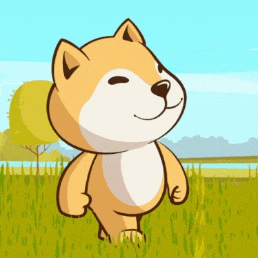 a cartoon dog is standing in a field with trees in the background