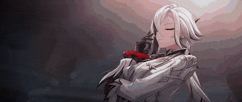 a white haired anime girl is holding a red rose in her hands .