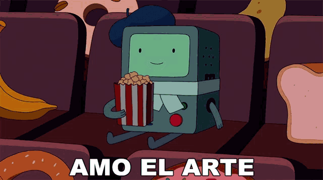 a cartoon character sitting in a theater holding a bag of popcorn and the words amo el arte