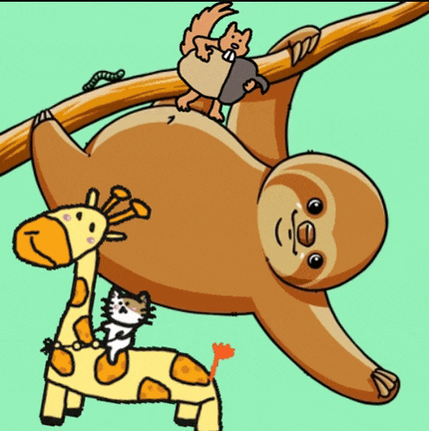 a cartoon drawing of a giraffe a cat and a sloth hanging from a tree branch