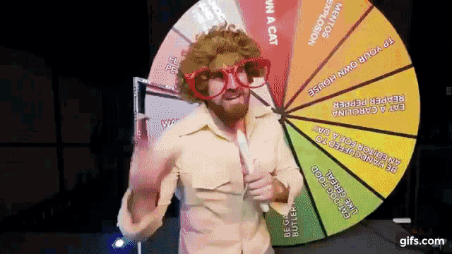 a man wearing red glasses stands in front of a spinning wheel that says " win a cat "
