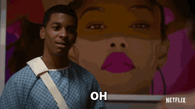 a man in a hospital gown says " oh " in front of a painting of a woman 's face