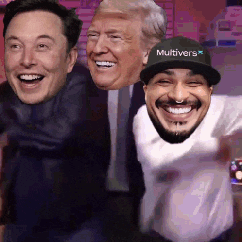 elon musk donald trump and a man wearing a multivers hat