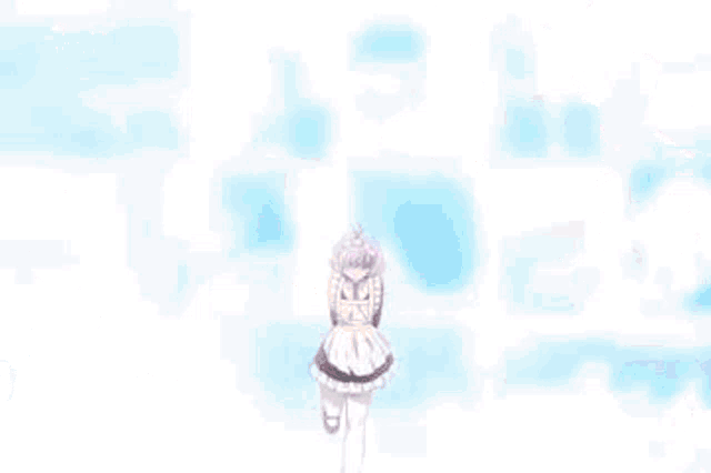 a close up of a anime girl with purple hair and a maid outfit .